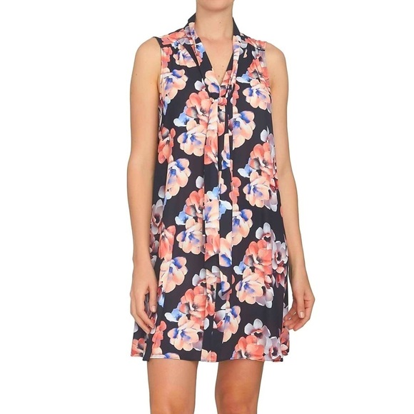 CeCe Black Floral Tie Neck Swing Shift Dress Size 0 - Picture 1 of 12